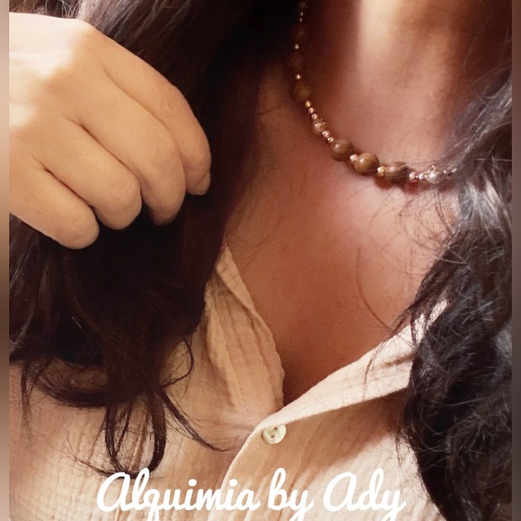 Gol and tan picture jasper beaded choker necklace - Picture 1 of 3